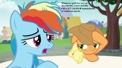 Size: 1280x720 | Tagged: safe, edit, edited screencap, screencap, character:applejack, character:rainbow dash, species:pony, episode:every little thing she does, g4, my little pony: friendship is magic, applejack's hat, censored vulgarity, clothing, cowboy hat, grawlixes, hat, headache, pain star, speech