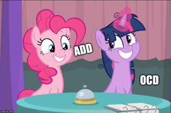 Size: 752x499 | Tagged: safe, edit, edited screencap, screencap, character:pinkie pie, character:twilight sparkle, character:twilight sparkle (alicorn), species:alicorn, species:pony, episode:a trivial pursuit, g4, my little pony: friendship is magic, add, attention deficit disorder, caption, comparison, cute, diapinkes, duo, female, glowing horn, horn, image macro, imgflip, messy mane, ocd, ocd twilight, smiling, text, twiabetes, twilighting