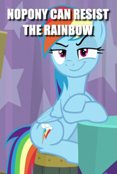 Size: 579x859 | Tagged: safe, edit, edited screencap, screencap, character:rainbow dash, episode:a trivial pursuit, g4, my little pony: friendship is magic, caption, cropped, female, image macro, smug, solo, text