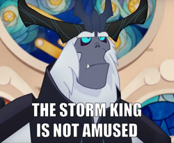 Size: 1023x840 | Tagged: safe, edit, edited screencap, screencap, character:storm king, my little pony: the movie (2017), antagonist, armor, canterlot castle, caption, cropped, crown, fangs, frown, horns, image macro, jewelry, meme, regalia, solo, stained glass, text, unamused, yeti