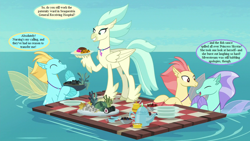 Size: 1152x648 | Tagged: safe, edit, edited screencap, screencap, species:hippogriff, species:seapony (g4), episode:surf and/or turf, g4, my little pony: friendship is magic, background hippogriff, background sea pony, caviar, cropped, cup, dialogue, food, implied princess skystar, implied silverstream, jewelry, kelp, necklace, ocean, picnic, plate, speech bubble, sushi, teacup, teapot