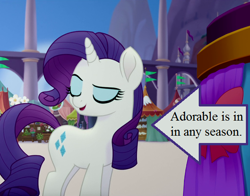 Size: 546x429 | Tagged: safe, edit, edited screencap, screencap, character:rarity, my little pony: the movie (2017), arrow, bow, canterlot, captain obvious, cropped, cute, raribetes, smiling, text