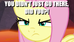 Size: 1920x1080 | Tagged: safe, edit, edited screencap, screencap, character:fluttershy, episode:sweet and smoky, g4, my little pony: friendship is magic, badass, caption, flutterbadass, fluttershy is not amused, image macro, text, unamused