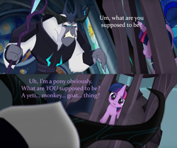 Size: 2000x1674 | Tagged: safe, edit, edited screencap, screencap, character:storm king, character:twilight sparkle, character:twilight sparkle (alicorn), satyr, species:alicorn, species:pony, my little pony: the movie (2017), armor, cage, canterlot castle, canterlot throne room, caption, comic, confused, crown, fangs, female, frown, horns, image macro, jewelry, mare, regalia, screencap comic, staff, staff of sacanas, stained glass, text, yeti