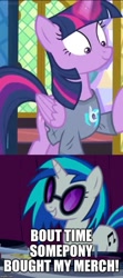 Size: 500x1128 | Tagged: safe, edit, edited screencap, screencap, character:dj pon-3, character:twilight sparkle, character:twilight sparkle (alicorn), character:vinyl scratch, species:alicorn, species:pony, episode:a trivial pursuit, episode:suited for success, g4, my little pony: friendship is magic, caption, clothing, cropped, image macro, meme, shirt, t-shirt, text