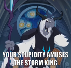 Size: 880x838 | Tagged: safe, edit, edited screencap, screencap, character:storm king, my little pony: the movie (2017), antagonist, armor, canterlot castle, caption, cropped, crown, eyes closed, facepalm, fangs, horns, image macro, jewelry, laughing, meme, reaction image, regalia, staff, staff of sacanas, stained glass, text, yeti