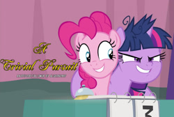 Size: 1071x719 | Tagged: safe, edit, edited screencap, screencap, character:pinkie pie, character:twilight sparkle, character:twilight sparkle (alicorn), species:alicorn, species:pony, episode:a trivial pursuit, g4, my little pony: friendship is magic, episode followup, female, mare, messy mane, text