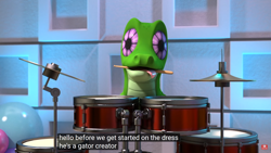 Size: 1920x1080 | Tagged: safe, edit, edited screencap, official, screencap, character:gummy, 3d, caption, cgi, drums, drumsticks, gator creator, hello pinkie pie, meme, mouth hold, musical instrument, tongue out, youtube caption, youtube link