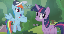 Size: 1366x724 | Tagged: safe, edit, edited screencap, screencap, character:rainbow dash, character:twilight sparkle, character:twilight sparkle (alicorn), species:alicorn, species:pegasus, species:pony, episode:2-4-6 greaaat, exclamation point, female, interrobang, mare, question mark, text