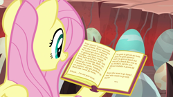 Size: 1920x1080 | Tagged: safe, edit, edited screencap, screencap, character:fluttershy, species:pony, episode:sweet and smoky, g4, my little pony: friendship is magic, book, egg, female, solo, street fighter