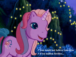 Size: 757x567 | Tagged: safe, edit, edited screencap, screencap, character:lily lightly, episode:come back lily lightly, g3, cute, fireflies (song), flower, lights, lily cutely, lyrics, owl city, song reference, text, unicornia
