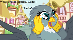 Size: 924x504 | Tagged: safe, edit, edited screencap, screencap, character:gabby, character:rarity, episode:dragon dropped, g4, my little pony: friendship is magic, cropped, cute, gabbybetes, happy, implied gallus, ponyville, solo focus, speech, starry eyes, wingding eyes