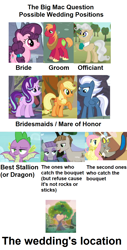 Size: 750x1482 | Tagged: safe, edit, edited screencap, screencap, character:applejack, character:big mcintosh, character:discord, character:fluttershy, character:maud pie, character:mayor mare, character:mudbriar, character:night glider, character:spike, character:starlight glimmer, character:sugar belle, species:draconequus, species:dragon, species:earth pony, species:pegasus, species:pony, species:unicorn, episode:the big mac question, g4, my little pony: friendship is magic, apple tree, intertwined trees, marriage, pear tree, text, theory, tree, wedding, winged spike