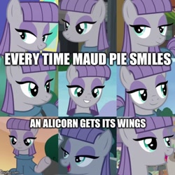 Size: 500x500 | Tagged: safe, edit, edited screencap, screencap, character:maud pie, species:alicorn, species:earth pony, species:pony, episode:hearthbreakers, episode:maud pie, episode:rock solid friendship, episode:student counsel, episode:the gift of the maud pie, episode:the maud couple, g4, my little pony: friendship is magic, caption, cute, female, image macro, impact font, irrational exuberance, mare, maudabetes, meme, smiling, text, when she smiles