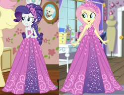 Size: 684x524 | Tagged: safe, edit, edited screencap, screencap, character:fluttershy, character:rarity, episode:costume conundrum, g4, my little pony: equestria girls, my little pony:equestria girls, spoiler:choose your own ending (season 2), spoiler:eqg series (season 2), bare shoulders, bulk biceps' home, clothing, comparison, costume conundrum: rarity, dress, female, rarity's bedroom, sleeveless, wooyoo