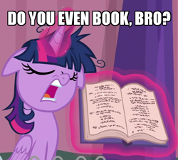Size: 960x865 | Tagged: safe, edit, edited screencap, screencap, character:twilight sparkle, character:twilight sparkle (alicorn), species:alicorn, species:pony, episode:a trivial pursuit, g4, my little pony: friendship is magic, book, bookhorse, caption, cropped, do you even lift, eyes closed, faec, female, floppy ears, image macro, levitation, magic, mare, meme, messy mane, open mouth, rules lawyer, rules prosecutor, talking, telekinesis, text, twilight snapple, twilight sparkle is best facemaker, twilighting, written equestrian