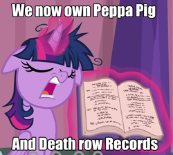 Size: 960x865 | Tagged: safe, edit, edited screencap, screencap, character:twilight sparkle, character:twilight sparkle (alicorn), species:alicorn, species:pony, episode:a trivial pursuit, g4, my little pony: friendship is magic, book, caption, cropped, death row records, entertainment one, eone, female, floppy ears, hasbro, image macro, mare, open mouth, peppa pig, rules lawyer, solo, text, twilight snapple, twilight sparkle is best facemaker, twilighting