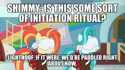 Size: 600x337 | Tagged: safe, edit, edited screencap, screencap, character:lighthoof, character:shimmy shake, species:pony, episode:2-4-6 greaaat, blindfold, implied spanking
