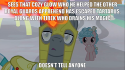 Size: 2000x1125 | Tagged: safe, edit, edited screencap, screencap, character:cozy glow, character:lord tirek, species:centaur, species:pony, episode:the summer sun setback, g4, my little pony: friendship is magic, canterlot, caption, female, filly, image macro, magic drain, meme, royal guard, shadow, text, that centaur sure does love magic