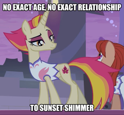 Size: 1461x1351 | Tagged: safe, edit, edited screencap, screencap, character:fire flare, species:pony, species:unicorn, episode:the summer sun setback, g4, my little pony: friendship is magic, clothing, cropped, eyeshadow, female, hot streak, implied sunset shimmer, makeup, mare, night, raised eyebrow, solo focus, text edit
