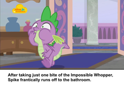 Size: 1024x720 | Tagged: safe, edit, edited screencap, screencap, character:spike, species:dragon, episode:school raze, g4, my little pony: friendship is magic, caption, claws, gagging, image macro, logo, male, nick jr., nickelodeon, ponestrip, solo, spread toes, text, toes, winged spike