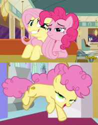 Size: 645x824 | Tagged: safe, edit, edited screencap, screencap, character:fluttershy, character:li'l cheese, character:pinkie pie, species:pony, ship:flutterpie, episode:the last problem, episode:the saddle row review, g4, my little pony: friendship is magic, background pony, comic, discovery family logo, female, lesbian, like mother like child, looking at you, lucky breaks, magical lesbian spawn, mother and child, offspring, prancing, screencap comic, shipping, side hug, smug, uncomfortable