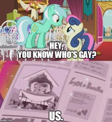Size: 500x543 | Tagged: safe, edit, edited screencap, screencap, character:bon bon, character:lyra heartstrings, character:sweetie drops, species:earth pony, species:pony, species:unicorn, ship:lyrabon, episode:slice of life, episode:the last problem, g4, my little pony: friendship is magic, asdfmovie, female, it happened, lesbian, marriage, newspaper, shipping, written equestrian
