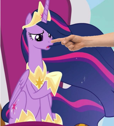 Size: 677x749 | Tagged: safe, edit, edited screencap, screencap, character:twilight sparkle, character:twilight sparkle (alicorn), species:alicorn, species:pony, episode:the last problem, g4, my little pony: friendship is magic, boop, boop edit, bronybait, cropped, end of ponies, female, hand, meta, older, older twilight, princess twilight 2.0, solo
