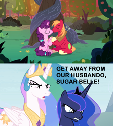 Size: 1920x2152 | Tagged: safe, edit, edited screencap, screencap, character:big mcintosh, character:princess celestia, character:princess luna, character:sugar belle, species:pony, ship:celestimac, ship:lunamac, ship:sugarmac, episode:the big mac question, episode:the ending of the end, g4, my little pony: friendship is magic, apple tree, downvote bait, female, implied lunamac, intertwined trees, kissing, male, meme, pear tree, polyamory, shipping, straight, tree