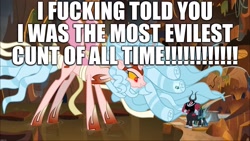 Size: 2048x1152 | Tagged: safe, edit, edited screencap, screencap, character:cozy glow, character:lord tirek, character:queen chrysalis, species:alicorn, species:changeling, species:pony, episode:the ending of the end, g4, my little pony: friendship is magic, leak, caption, changeling queen, chaos magic, cozycorn, excessive exclamation marks, female, giant demon alicorn cozy glow, giant pony, image macro, macro, most evilest cunt of all time, pure concentrated unfiltered evil of the utmost potency, pure unfiltered evil, race swap, real, text, vulgar