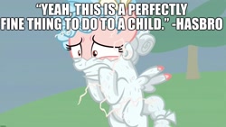 Size: 2048x1152 | Tagged: safe, edit, edited screencap, screencap, character:cozy glow, species:pegasus, species:pony, episode:the ending of the end, g4, my little pony: friendship is magic, abuse, caption, child abuse, cozy glow drama, cozybuse, cropped, drama, fear, female, filly, hasbro, i have no mouth and i must scream, image macro, inanimate tf, leash, legion of doom statue, lucifer hasbro, mare, meta, petrification, sarcasm, series finale drama, solo, statue, terror, text, transformation, turned to stone, you know for kids