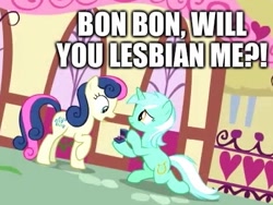 Size: 420x316 | Tagged: safe, edit, edited screencap, screencap, character:bon bon, character:lyra heartstrings, character:sweetie drops, species:earth pony, species:pony, species:unicorn, ship:lyrabon, episode:the big mac question, g4, my little pony: friendship is magic, background characters doing background things, background pony, box, caption, confirmed, cropped, engagement, engagement ring, female, grammar error, image macro, impact font, intentional grammar error, it finally happened, it happened, kneeling, lesbian, mare, marriage proposal, raised hoof, real, ring, shipping, text