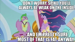 Size: 2048x1152 | Tagged: safe, edit, edited screencap, screencap, character:spike, character:twilight sparkle, character:twilight sparkle (alicorn), species:alicorn, species:pony, episode:the last problem, g4, my little pony: friendship is magic, leak, caption, gigachad spike, image macro, older, older spike, older twilight, op is a duck, op is trying to start shit, princess twilight 2.0, spikeabuse, text, weak