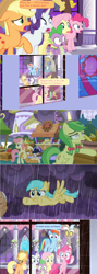 Size: 1364x3844 | Tagged: safe, edit, edited screencap, screencap, character:apple cobbler, character:apple fritter, character:applejack, character:discord, character:fluttershy, character:rainbow dash, character:rarity, character:spike, species:dragon, species:pegasus, species:pony, episode:the summer sun setback, g4, my little pony: friendship is magic, apple family member, chaos, cloud, comic, dialogue, drained, fatigues, food, food stand, looking out the window, night, open mouth, pie, rain, raincloud, screencap comic, shocked, speech bubble, stained glass, stained glass window, surprised, weak, winged spike, worried
