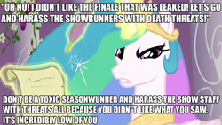 Size: 1280x720 | Tagged: safe, edit, edited screencap, screencap, character:princess celestia, episode:the crystal empire, g4, my little pony: friendship is magic, angry, drama, female, meme, meta, mouthpiece, op has a point, scroll, solo