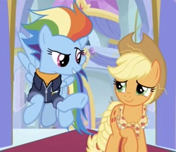Size: 718x618 | Tagged: safe, edit, edited screencap, screencap, character:applejack, character:rainbow dash, species:earth pony, species:pegasus, species:pony, episode:the last problem, g4, my little pony: friendship is magic, cropped, duo, granny smith's scarf, older, older applejack, older rainbow dash, shipping fuel