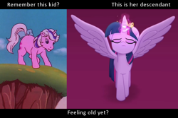 Size: 960x640 | Tagged: safe, edit, screencap, character:twilight sparkle, character:twilight sparkle (alicorn), species:alicorn, species:pony, episode:rescue at midnight castle, g1, g4, my little pony 'n friends, my little pony: the movie (2017), bow, cliff, cloud, cloudy, cropped, crown, cute, dream valley, eyes closed, feeling old yet?, female, frown, glowing horn, horn, jewelry, looking down, majestic, meditation, meme, raised leg, regalia, solo, spread wings, tail bow, wings