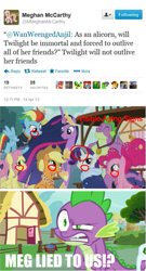 Size: 571x1055 | Tagged: safe, edit, edited screencap, screencap, character:applejack, character:fluttershy, character:pinkie pie, character:rainbow dash, character:rarity, character:spike, character:twilight sparkle, character:twilight sparkle (alicorn), species:alicorn, species:dragon, species:pony, episode:the last problem, g4, my little pony: friendship is magic, leak, aging, angry, crying, don't believe her lies, drama, end of ponies, gigachad spike, heartbreak, immortality blues, lies, mane seven, mane six, meghan mccarthy, meta, older, older applejack, older fluttershy, older mane seven, older mane six, older pinkie pie, older rainbow dash, older rarity, older spike, older twilight, op has a point, op is a duck, princess twilight 2.0, remembrance, sad, tear jerker, tears of pain, twilight will outlive her friends, twitter, wall of tags, why, wtf