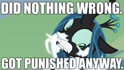 Size: 1920x1080 | Tagged: safe, edit, edited screencap, screencap, character:queen chrysalis, episode:the ending of the end, g4, my little pony: friendship is magic, leak, blatant lies, caption, draco in leather pants, drama bait, false, hitler did nothing wrong, image macro, insane troll logic, op is a duck, op is lying, op is trolling us, op is wrong, petrification, punishment, scared, text, turned to stone