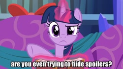 Size: 1662x934 | Tagged: safe, edit, edited screencap, screencap, character:twilight sparkle, character:twilight sparkle (alicorn), species:alicorn, species:pony, episode:a hearth's warming tail, g4, my little pony: friendship is magic, book, caption, confused, female, glowing horn, horn, image macro, levitation, looking at you, magic, mare, raised eyebrow, reaction image, solo, telekinesis, text