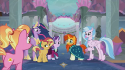 Size: 1280x720 | Tagged: safe, derpibooru original, edit, edited screencap, screencap, character:luster dawn, character:silverstream, character:starlight glimmer, character:sunburst, character:sunset shimmer, character:twilight sparkle, character:twilight sparkle (alicorn), species:alicorn, species:hippogriff, species:pony, species:unicorn, episode:the last problem, g4, my little pony: friendship is magic, headmare starlight, older, older starlight glimmer, older sunburst, older sunset, princess twilight 2.0, sunburst the bearded