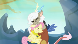 Size: 1279x726 | Tagged: safe, edit, edited screencap, screencap, character:discord, character:fluttershy, oc:eris, episode:to where and back again, g4, my little pony: friendship is magic, butterscotch, duo, female, hug, male, rule 63, scene interpretation
