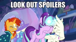 Size: 1920x1080 | Tagged: safe, edit, edited screencap, screencap, character:starlight glimmer, character:sunburst, character:terramar, character:trixie, species:classical hippogriff, species:hippogriff, species:pony, species:unicorn, episode:student counsel, caption, covering eyes, female, hiding behind wing, image macro, male, reaction image, text, treehouse of harmony, wing hands, wings