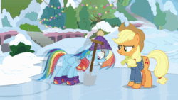 Size: 1920x1080 | Tagged: safe, edit, screencap, character:applejack, character:rainbow dash, species:pony, episode:best gift ever, episode:triple pony dare ya, g4, my little pony: friendship is magic, animated, chipped tooth, comparison, golf, golf clubs, hearth's warming shorts, homer simpson, ice, pain, shovel, snow, sound, sports, the simpsons, webm, winter clothes