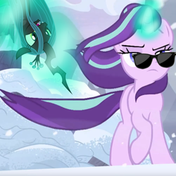 Size: 1000x1000 | Tagged: safe, edit, edited screencap, screencap, character:queen chrysalis, character:starlight glimmer, species:changeling, species:pony, species:unicorn, episode:the ending of the end, g4, my little pony: friendship is magic, alternate ending, badass, cropped, female, glowing horn, good end, horn, magic, mare, sunglasses, telekinesis, windswept mane