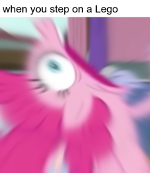 Size: 576x665 | Tagged: safe, edit, edited screencap, screencap, character:pinkie pie, species:pony, episode:a trivial pursuit, g4, my little pony: friendship is magic, cropped, faec, female, meme, motion blur, screaming, shitposting, solo, stepping on a lego, this ended in pain, wide eyes