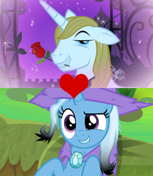 Size: 464x532 | Tagged: safe, edit, edited screencap, screencap, character:prince blueblood, character:trixie, species:pony, ship:bluetrix, episode:a horse shoe-in, episode:the best night ever, g4, my little pony: friendship is magic, female, flower in mouth, male, rose, rose in mouth, shipping, shipping domino, straight