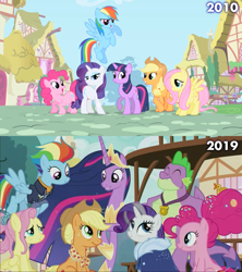 Size: 1280x1440 | Tagged: safe, edit, edited screencap, screencap, character:applejack, character:fluttershy, character:pinkie pie, character:rainbow dash, character:rarity, character:spike, character:twilight sparkle, character:twilight sparkle (alicorn), character:twilight sparkle (unicorn), species:alicorn, species:dragon, species:earth pony, species:pegasus, species:pony, species:unicorn, episode:the last problem, g4, my little pony: friendship is magic, 2010, 2019, end of ponies, finale, future, gigachad spike, grown, mane seven, mane six, older, older applejack, older fluttershy, older mane seven, older mane six, older pinkie pie, older rainbow dash, older rarity, older spike, older twilight, ponyville, princess twilight 2.0, skunk stripe, winged spike