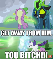 Size: 1920x2160 | Tagged: safe, edit, edited screencap, screencap, character:queen chrysalis, character:rarity, character:spike, species:dragon, episode:the ending of the end, g4, my little pony: friendship is magic, leak, alien (franchise), bitch, caption, editor needed, excessive exclamation marks, female, image macro, male, movie quote, spikeabuse, text, vulgar, wing pull, winged spike