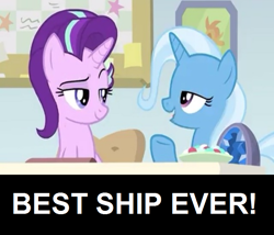 Size: 700x600 | Tagged: safe, edit, edited screencap, screencap, character:starlight glimmer, character:trixie, species:pony, ship:startrix, episode:a horse shoe-in, g4, my little pony: friendship is magic, female, lesbian, raised eyebrow, shipping